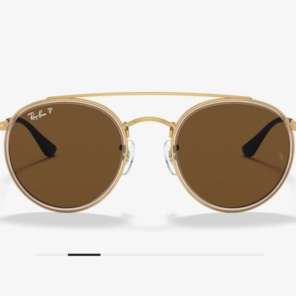 Ray-Ban Accessories - Ray-Ban Gold and Brown Round Double Bridge Polarized Sunglasses